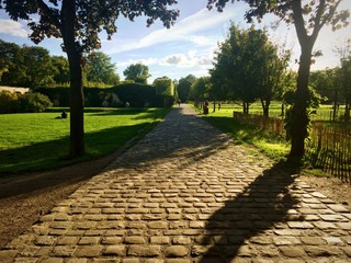 chemin pavé dans un parc public à Paris en automne