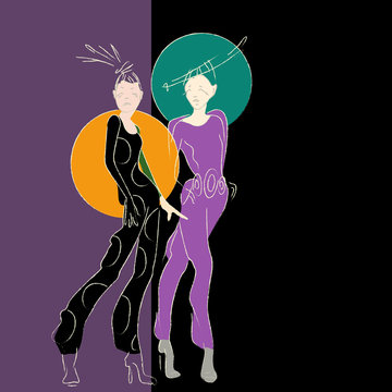 abstract sketch of two women in trouser suits and green and orange hat on a black background.  fashion