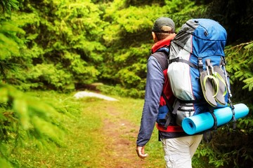 Fototapeta na wymiar Male backpacker hiking/tracking through mountain forest.