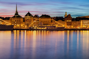 Beautiful sunset over Gamla stan in Stockholm on a winter night.