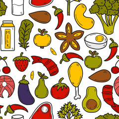 Seamless background with objects in hand drawn style on paleo