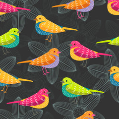 Cotton fabric bird seamless pattern on black background
