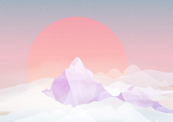 Retro Snowy Mountains in Clouds - Vector Illustration