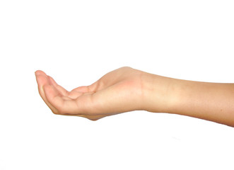 Caucasian man hand open and ready to help or receive. Gesture