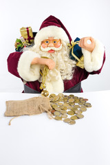 Santa Claus with gifts and money coins