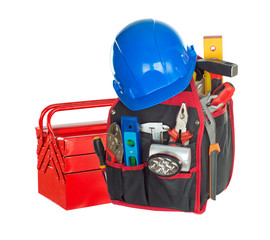 Fototapeta premium Hand tools built in tool bag. Isolated on white background.