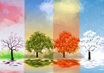 Four Seasons Banners with Trees and Lake Reflection - Vector Illustration - 92032696