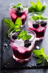 refreshing cocktail with blueberry, ice and mint,