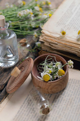 Old book with dry flowers in mortar on table close up