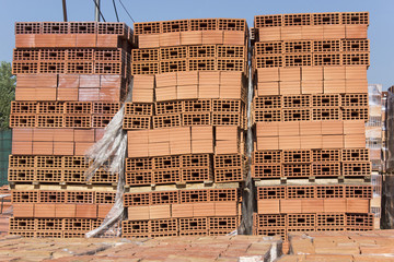 Building blocks stacked on pallets