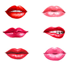 Fototapeta premium Lips set isolated on white background. design element.Red lips.Lips background. Lipstick advertisement. Smiley lips.Temptation, love, happy, lust,kiss lips. Healthy and white teeth.