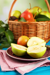 Fresh pears on wooden table, closeup