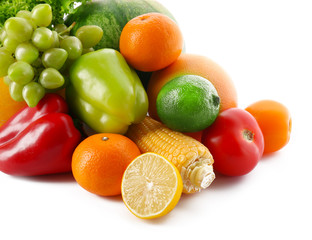 Fresh vegetables and fruits  isolated on white