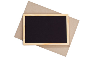 horizontal wooden photo frame with black field and craft paper under angle on white background isolated with real shadows