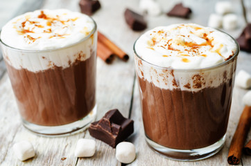hot dark chocolate with whipped cream, cinnamon and salted caram