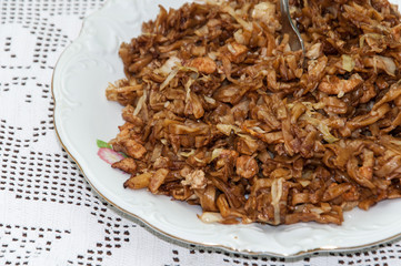 Chinese food noodles with chicken meat and cabbage