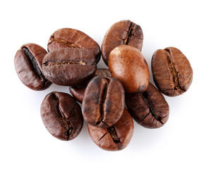 Brown coffee beans isolated on white