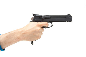 Man's hand holding gun, isolated on white.