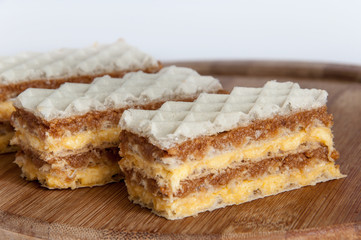 Chocolate homemade wafers on the wooden board