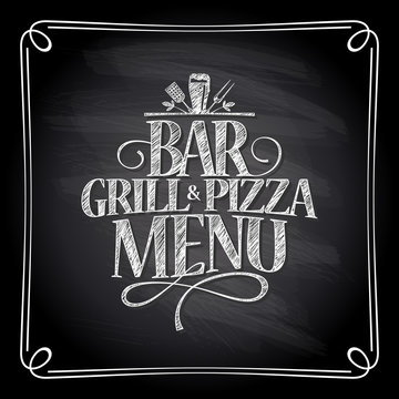 Bar grill and pizza menu chalkboard.