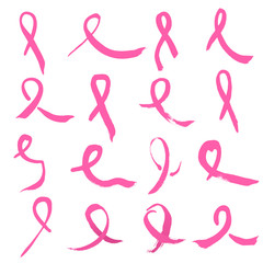 Symbols of breast cancer awareness. Collection of sixteen hand drawn pink ribbon signs isolated on a white background. A vector illustration