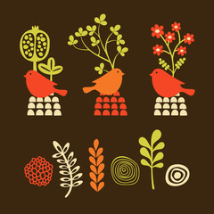 Set of cartoon elements birds with flowers.