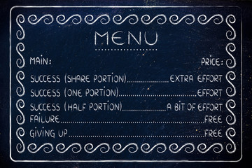 funny menu of lifestyle choices: work for success or fail for fr