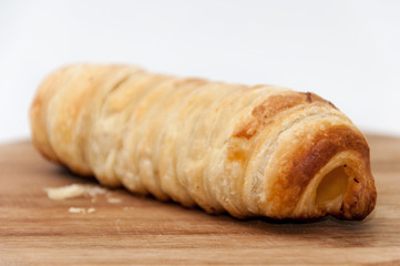 Hot dog puff pastry on the wooden board