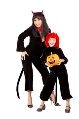 Halloween Two Happy Black Demons Standing with Pumpkin