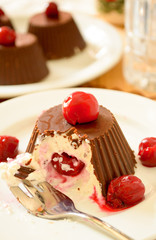 Homemade custard ice cream, covered with chocolate and cherries