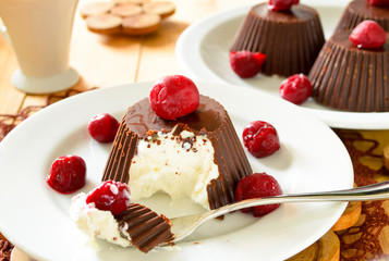 Homemade custard ice cream, covered with chocolate and cherries