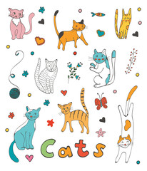 Cute colorful set  of hand drawn cats