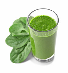 Glass of spinach juice isolated on white