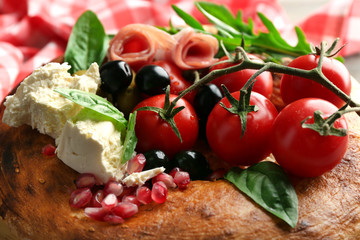 Ingredients of Mediterranean cuisine, on wooden background