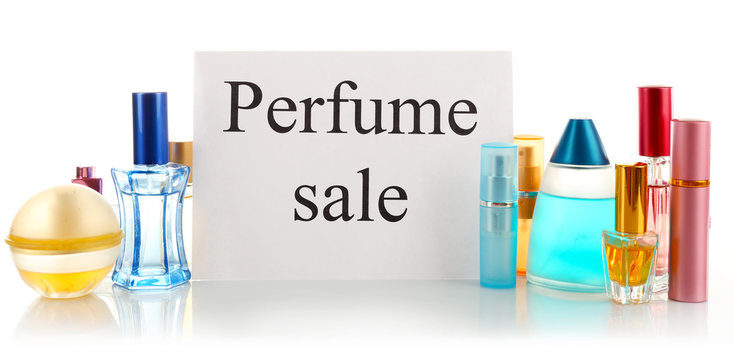 Perfume bottles for sale, isolated on white