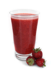 Glass of fresh strawberry cocktail and strawberries and strawberries isolated on white