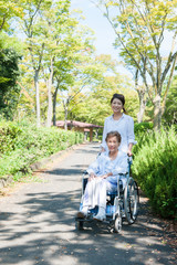 公園の中 車椅子の高齢者と介護する女性