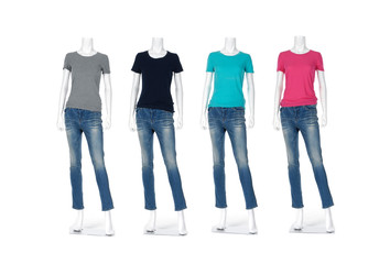 Full female mannequin t-shirt dressed in jeans on white background