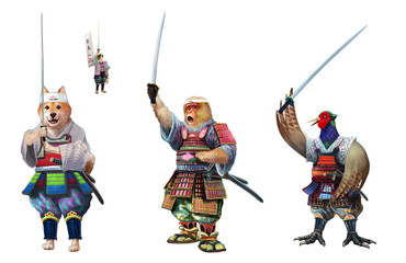 Naklejka premium 桃太郎の家来の猿と犬とキジが刀をかざす