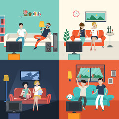 Naklejka premium friends watching TV program in the living room