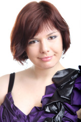 brunette short-haired girl in stylish dark blue evening dress