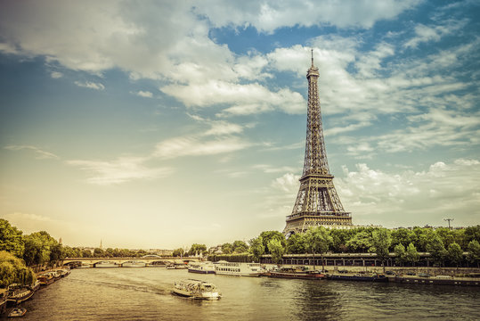 Eiffel Tower from low angle with Seine River