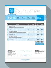 Vector Customizable Invoice Form Template Design. Vector Illustration. Blue Color Theme