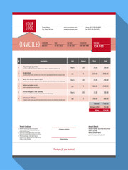 Vector Customizable Invoice Form Template Design. Vector Illustration. Red Color Theme