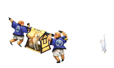 Fototapeta premium お猿の籠屋は客の犬が怒り出して困惑