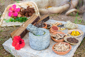 Traditional ayurvedic herbs and spices, along with  a pestle and mortar and an ancient manuscript on Indian medicine.