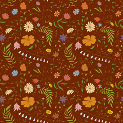 Vector floral seamless pattern on a brown background.