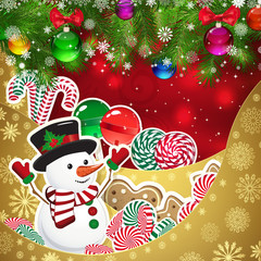 Snowman on the background of sweets, decorated Christmas balls.