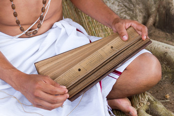 A young Indian man reads an ancient Hindu text under a banyan tree in India 
