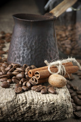 Coffee beans with spices and cezve